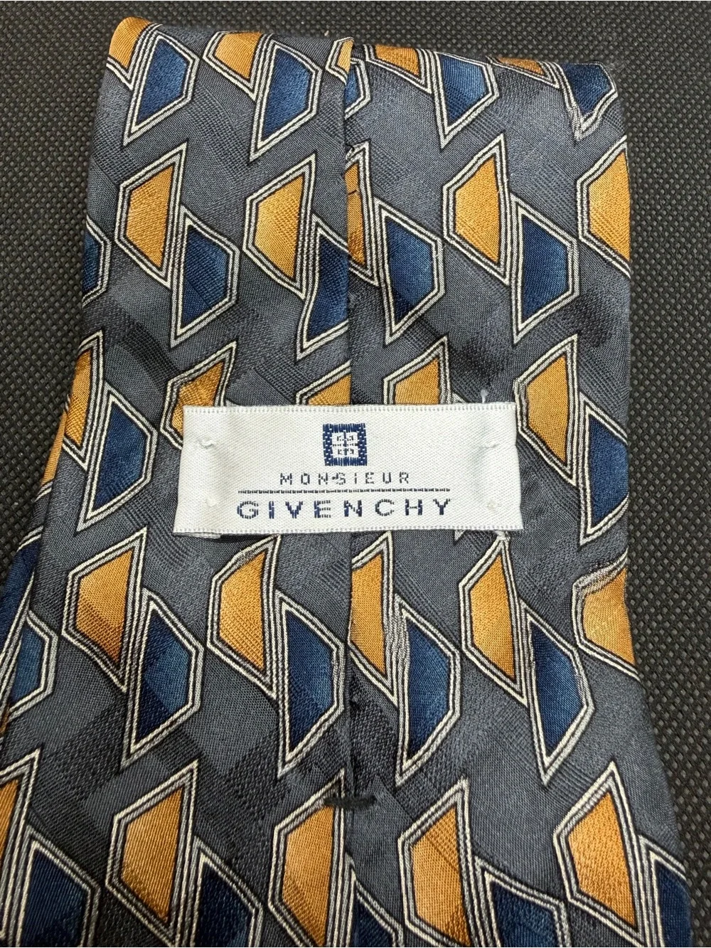 Vintage Monsieur Givenchy Silk Tie Geometric Blue Gold Made USA 57.5” x 4”
